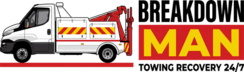 A logo featuring a breakdown truck and a man wearing a white shirt and the words Breakdown Man.