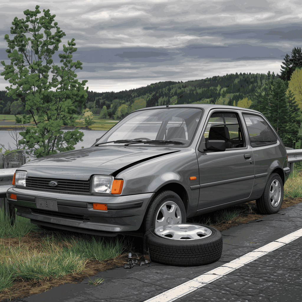 A car with tyre removed.