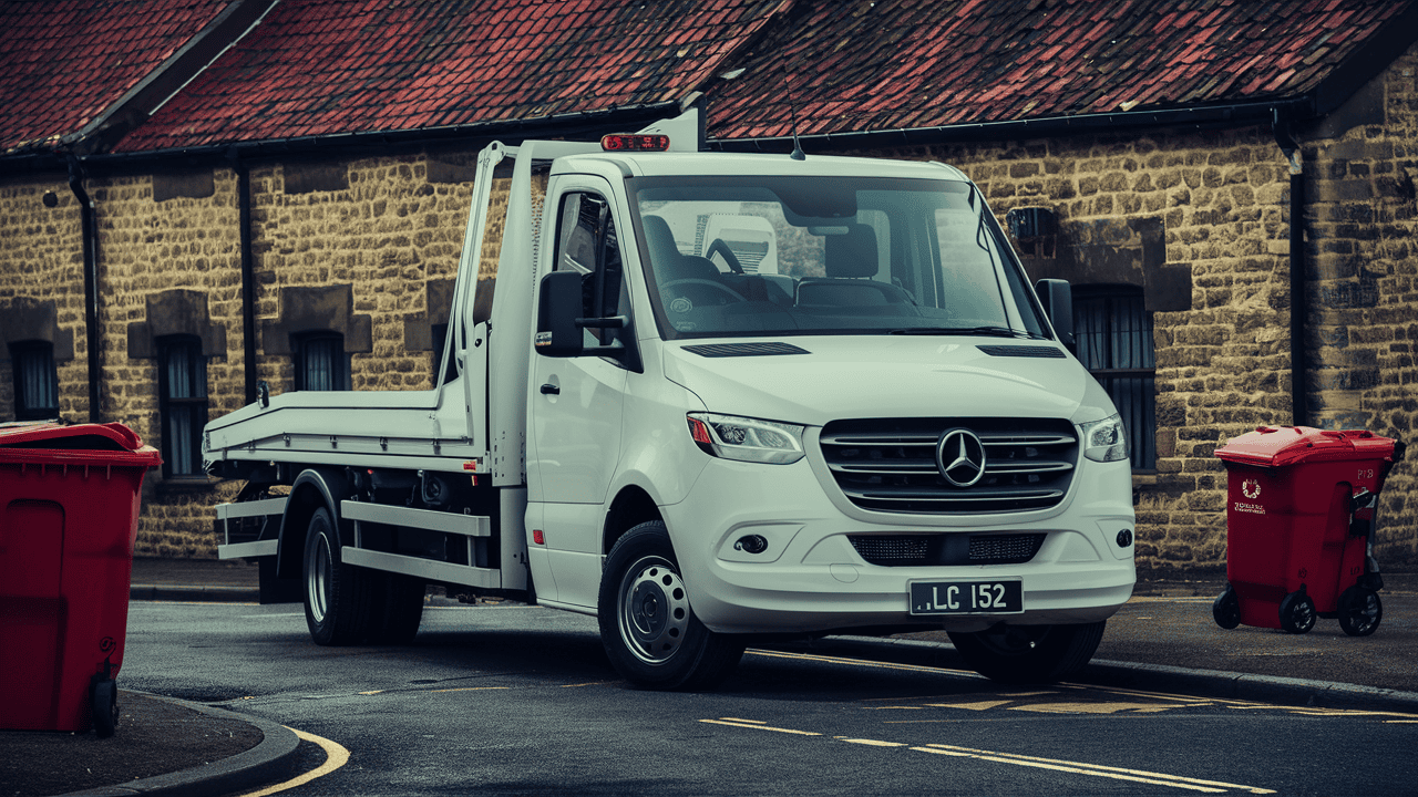 A flatbed mercedes breakdown recovery truck.