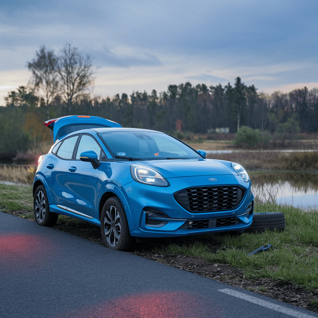 A car by a lake.