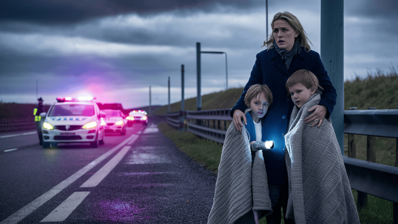 A broken down car on the motorway with a family on the hard shoulder.