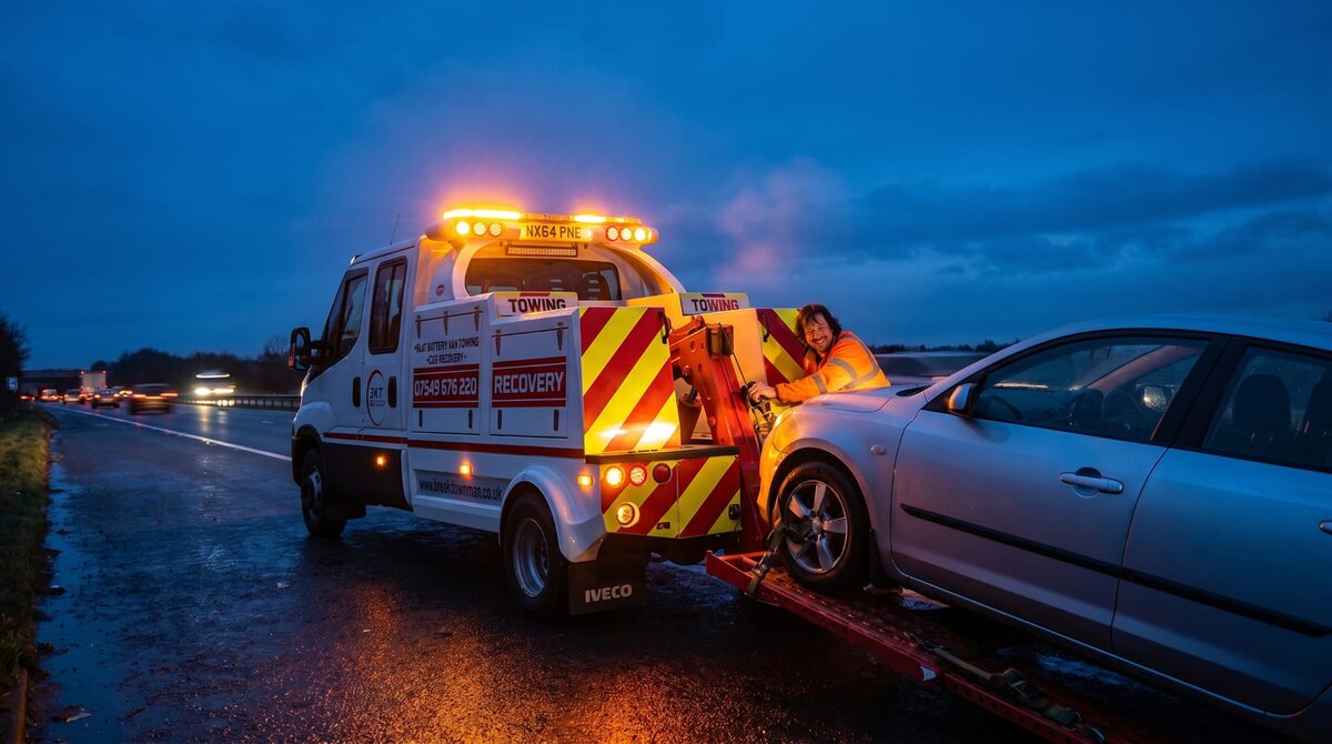 Silver hatchback being winched onto a Breakdown Man Iveco recovery truck at dusk on the motorway hard shoulder.