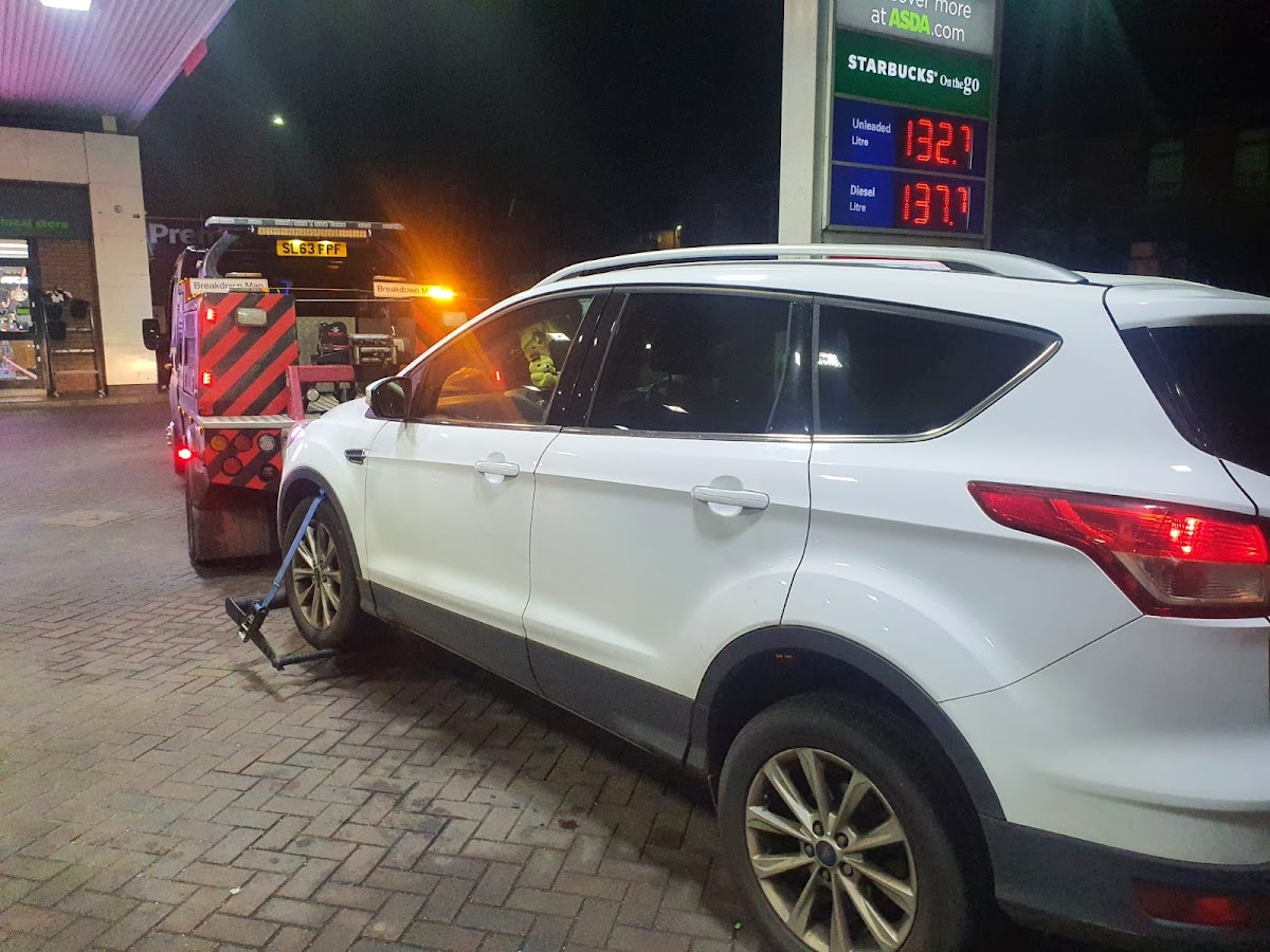 Night recovery at Asda petrol station.
