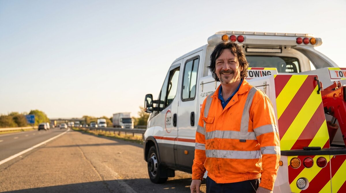 Simon in hi-vis stood beside the Breakdown Man 24/7 recovery truck on a motorway hard shoulder at sunset.