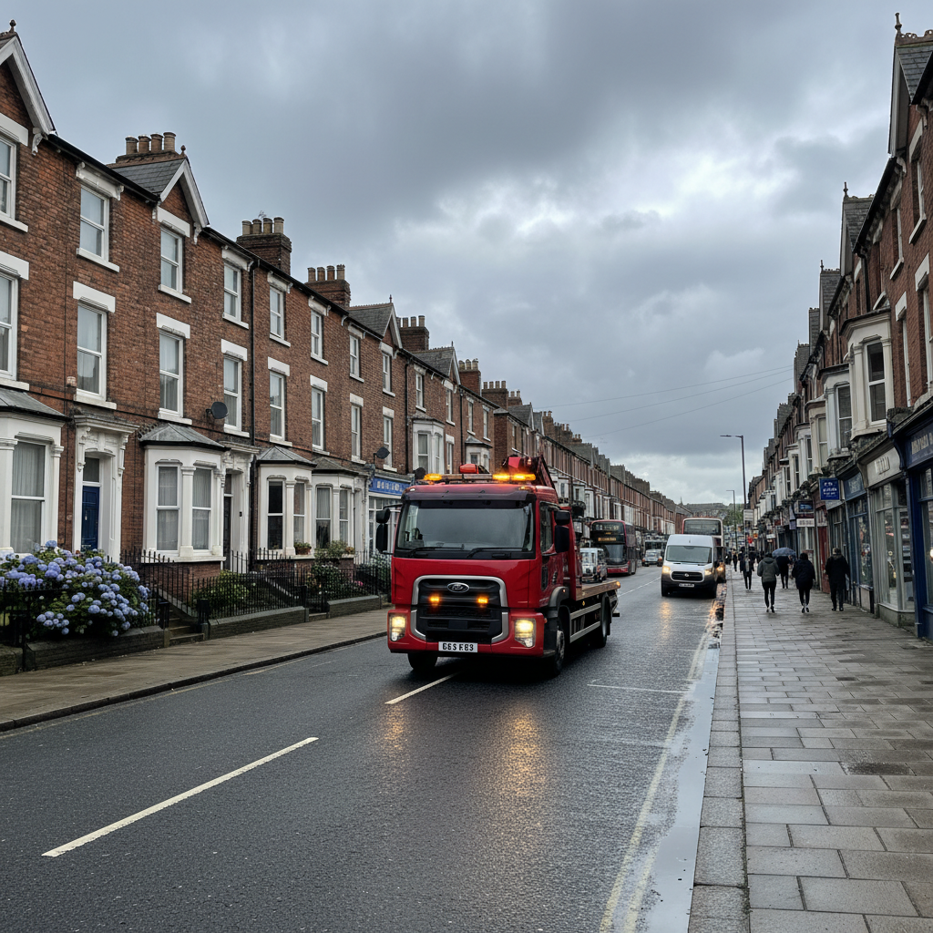 A tow truck on a high street in Skelmersdale, Lancashire.