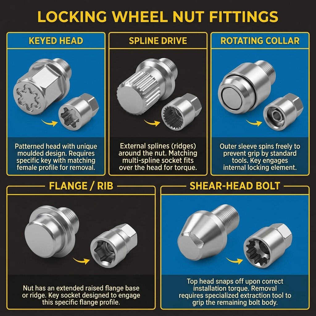 Infographic showing the five locking wheel nut fitting types — keyed head, spline drive, rotating collar, flange/rib and shear-head bolt — each with its matching extraction key.
