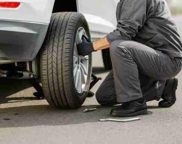 A fitter crouched at a car wheel on a driveway.